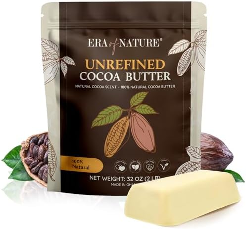 Era of Nature Cocoa Butter Raw – 100% Pure & Unrefined, Cold-Pressed Cacao – For DIY Skincare & Haircare – Deep Hydration for Skin, Hair, Lips – Stretch Mark & Scar Care – Natural Chocolate Scent, 8oz