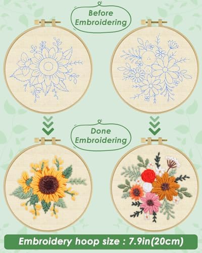 ERKOON Punch Needle Kit Adults Beginners, 2 Pcs DIY Easy Flower Embroidery Set for Starter Art Craft, Needling Punching Project with Patterns, Tools, Yarns, Hoop, Instruction (Colorful Flowers)