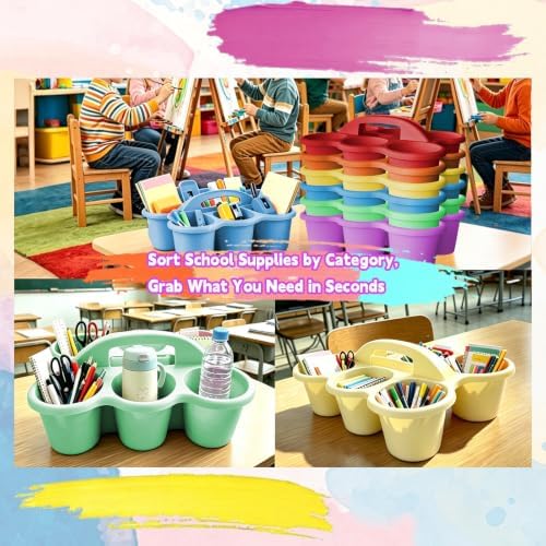 6 Pack Classroom Caddy Organizer with Handle Multicolor Plastic Table Caddy 6 Compartments Storage Cup Holder for School Supplies Art Crafts Crayons Pencils Stackable Desk Caddy for Office