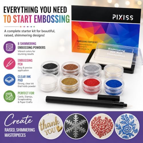 Embossing Kit, Powder, Clear Embossing Pen, Embossing Ink Pad, 8X 10ml Embossing Powders for Use with Embossing Heat Tool for Crafts