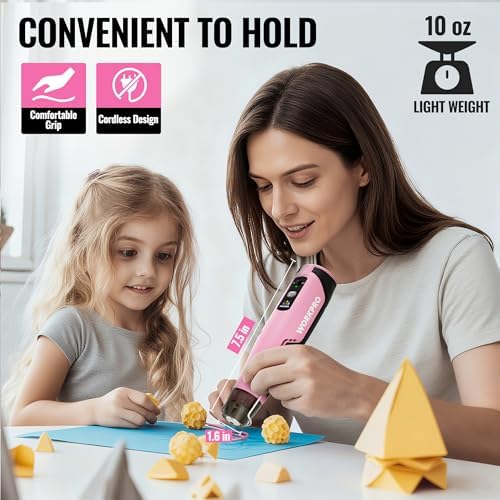 WORKPRO 7.2V Pink Cordless Mini Heat Gun, 1.5s Fast Heating | 3 Temp Settings (Cool/572°F/842°F), 4000mAh Battery, USB-C Charging Cable Included, For DIY Crafts, Pink Ribbon