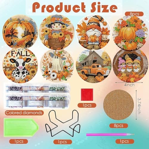 ijbnhd 8 Pcs Diamond Art Coasters Kits Autumn (Cork Wooden Pad)