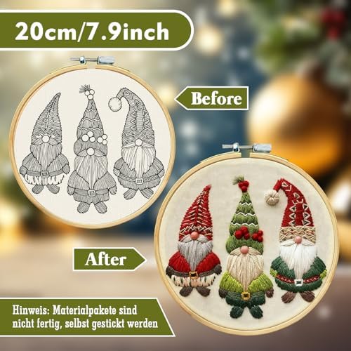 RUIQLXHANG Christmas Embroidery Kit - Christmas Gnomes Embroidery Kits for Beginners with Pattern, Cotton Threads, Needles, Instruction, 20cm Hoop, Gift for Mom, Grandma