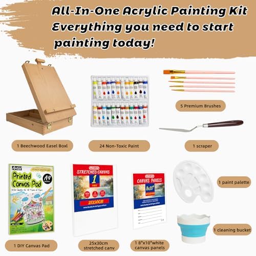 Portable Tabletop Easel Set 36-Piece Acrylic Paints Brushes Canvas DIY Pad