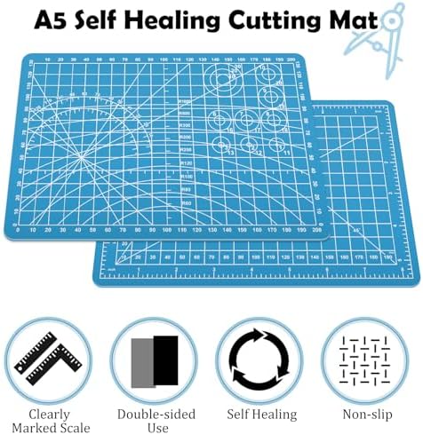 A5 Small Self Healing Cutting Mat,8in x 6in Double Sided Thickened Sewing Mat PVC Rotary Cutting Mat for Crafts Sewing Hobby Fabric Project Craft Cutting Board for Matting & Mounting(Blue)