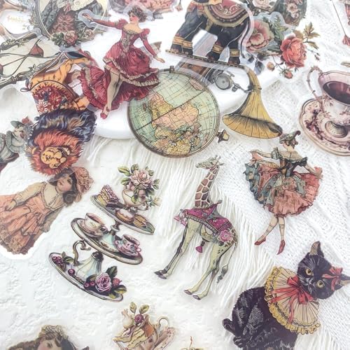 50 Pcs Vintage Victorian Ephemera Stickers – Clear Scrapbooking Supplies with Retro Animals, Flowers, Circus & Antique Objects – Aesthetic Journal Decor for Resin Crafts, Journals, Planners
