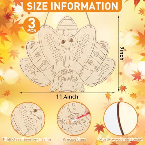 Paintable Thanksgiving Ornaments 3 Sets, Wooden Football Turkey Ornaments to Paint, Unfinished Give Thanks Wreaths Wood Crafts for Painting, Wood Cutouts DIY Ornament for Door Decor