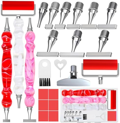 ZYNYXY 22PCS Ergonomic Diamond Art Pen Kits, with Multifunctional Metal Stainless Steel Screw Thin 1~9 Tips, Correction Placers Roller Accessories (Red + Pink + White+ 10 PCS Tips)