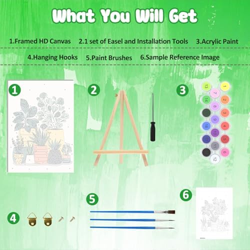 MAXBYE Green Plant Paint by Numbers Kit for Adults with Frame and Wooden Easel, Easy Painting Numbers Art Kits with Frame on Canvas, DIY Acrylic Painting Kit for Gift Home Wall Garden Decor 10×14 in