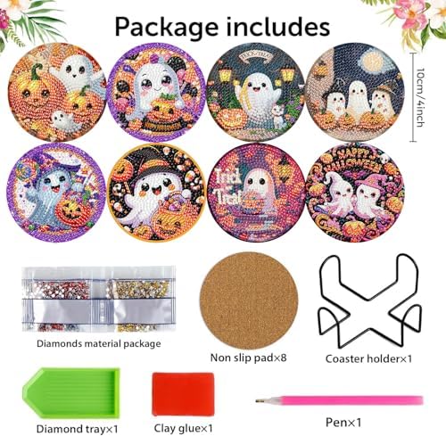 NEGEKFKX 8 Pcs Halloween Horror Ghost Diamond Art Painting Coasters Kits