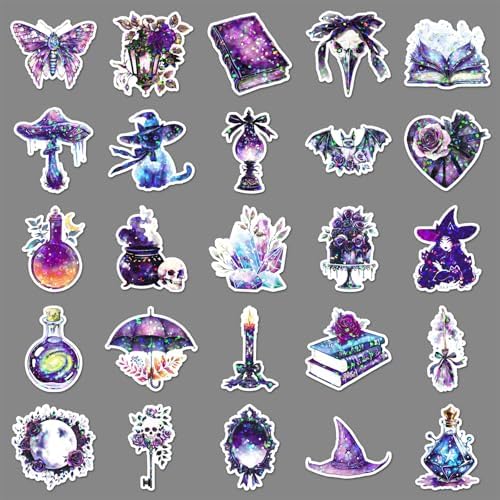 50PCS Holographic Gothic Stickers - Purple Witch & Cat Vinyl Decals for Journal, Laptop, Phone Case, Scrapbooking Supplies, Gothic Aesthetic for Teens & Adults
