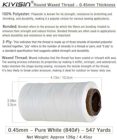 Thin Wax Polyester Thread, 0.45mm, 547 Yards, 3 Ply Round Waxed Cord Strings for Sewing, Beading, Binding, Micro Braiding, Fine Leather Craft and Micro Macrame Jewelry - White