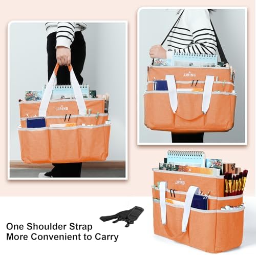 JJRING Craft Organizer Tote Bag Large Art Storage Caddy Orange | With Multiple Pockets For Sewing, Scrapbooking, School, Medical, And Office Supplies