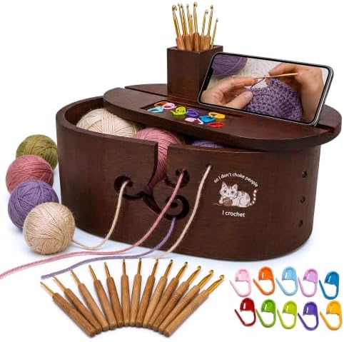 Oval Wood Yarn Bowl Set with Lid, Large Knitting & Crocheting Yarn Holder with 9 Metal Crochet Hooks & 10 Stitch Markers, Built-in Phone Stand, Yarn Storage Organizer for Crafters