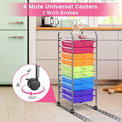 Storage Cart, Rolling Utility Cart with 10 Drawers, Portable Handles & Lockable Wheels, Mobile Paper Toys Storage Organizer Large Capacity for Home Office School Teacher (Rainbow)