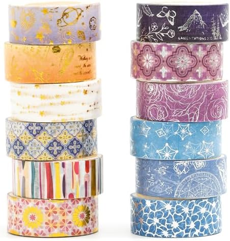 12 Rolls Charming Washi Tape Set Gold Silver Foil Detailing Arts Adhesive Tapes Basic Patterns Decorative Masking Tape Sets for Craft, Kids, Scrapbook, DIY, Gift Wrapping (Royal Splendor)