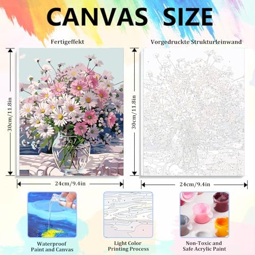 4 Pack Flowers Framed Paint by Numbers Kit for Adults, 10x12 inch