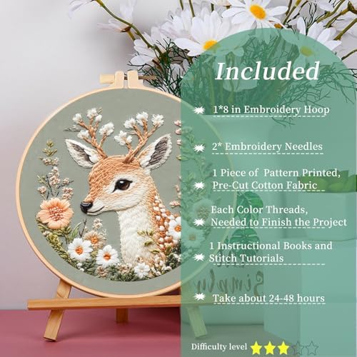 FONNUY Printed Deer and Floral Embroidery Kit with Hoop, Cross Stitch Kits for Beginners, Handmade Crafts, Easy to Follow Color Thread Needlework, 8'' Hoop (Deer and Blossoms)