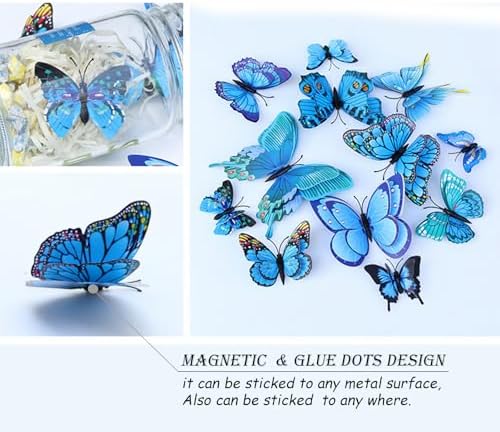 OPSEAM 3D Butterfly Wall Decor Butterfly Decorations Stickers with Magnets | 72 PCS Blue,12 Styles Double Layer Butterfly for Classroom Decoration,Locker Refrigerator, Reusable,Waterproof