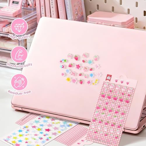 Strawberry & Star Sticker Kawaii Set - 3 Sheets Funny Decals Cute Pink Decorative Stickers for Journaling, Scrapbooking Laptop Phone Case Album Luggage Skateboard Water Bottles