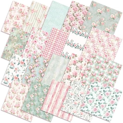 HunnmingRe 20 Pcs 10''x10'' Pink and Green Floral Quilting Fabric Squares
