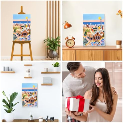 KEYIFA Paint by Numbers for Adults on Framed Canvas - with Wooden Easel, Park Güell Painting by Number Kit for Beginners, DIY Barcelona Acrylic Paint-by-Number Kits for Home Wall Decor (8x12 inch)