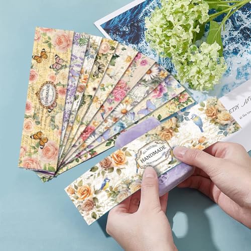 PH PandaHall 90pcs Vintage Plant Wrapper Tape, 9 Styles Flower Soap Packaging Paper Vertical Soap Paper Tag Soap Sleeves Covers for Handmade Soap Lotion Bars Bath Gift Wrapping, 21x5cm/8.2x1.9inch