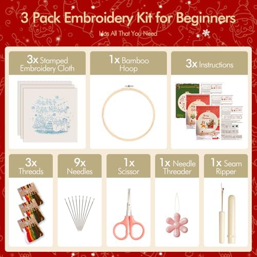 wtisan Christmas Embroidery Kit, Cross Stitch Kits for Beginners, Needlepoint with All Tools & Instructions, Stamped Hand Embroidery Starter Kit for Holiday Crafts & Xmas Home Decor, W13