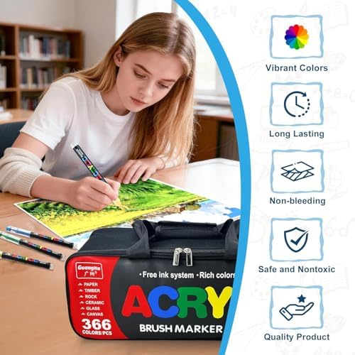 Guangna 366 Acrylic Paint Markers, Brush Tip Acrylic Paint Pens, Quick-Drying Waterproof Ink, for Rock Painting Plastic Wood Canvas Glass Ceramic Metal Art Crafts Supplies Gift