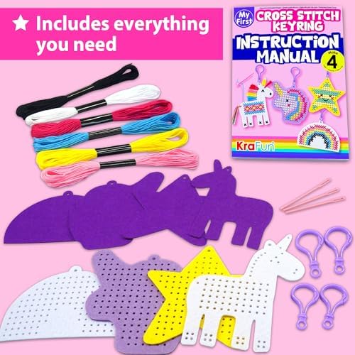 KRAFUN Unicorn Cross Stitch Kit for Kids Age 5+ | 4 Keyrings
