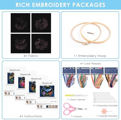 ERKOON 4 Set Embroidery Kit for Beginners, Cross Stitch Set Include Embroidery Cloth Hoops Threads for Craft Lover Hand Stitch with Embroidery Skill Techniques (Marine Animals)