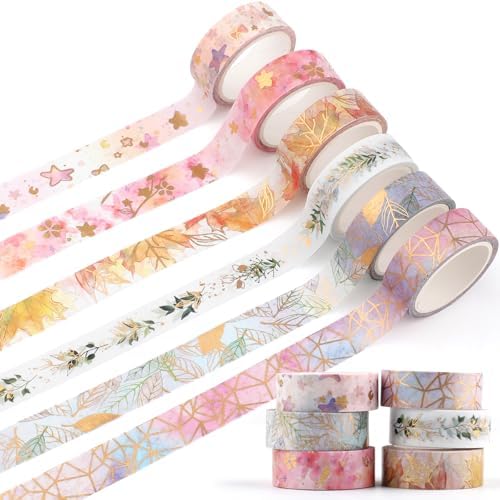 6 Rolls Gold Floral Washi Tape Set,15mm Gold Foil Colored Floral Pattern Decorative Tape,Decorative Masking Tapes for DIY Scrapbook Design Journaling Handbook Making Card Wrap Craft Gift(16.4ft)