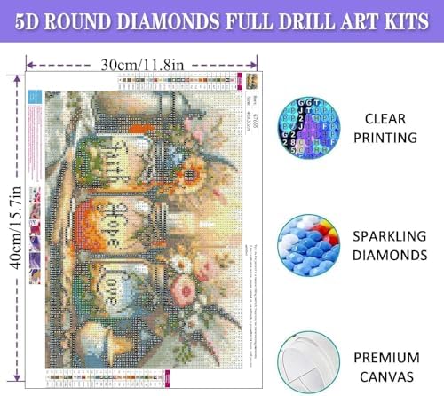 5D Diamond Painting Kits for Adults, Faith, Hope, Love Wishing Bottle Diamond Art kit for Adults Beginner, DIY Full Drill Diamond Dots with Diamond Gem Art and Crafts for Home Wall Decor 16 x 12 Inch