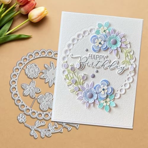 Scrapbooking Die-Cuts for Card Making, Christmas Metal Cutting Dies, Paper Craft Punch Template, Background Embossing Stencils, DIY Album Décor (Circular Frame and Flower Branches-12.3x10cm)