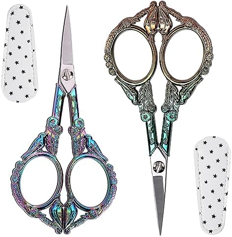 Crochet Scissors with Cover 2 Pack – Vintage Small Embroidery Scissors Set, Sharp Craft Scissors for Yarn Thread Sewing Needlework, Rainbow & Green Bronze Bird Gift for Crocheter, 4.6 Inch