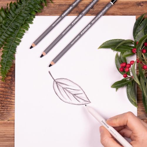 Staedtler Mars Lumograph Charcoal Pencils, Blister Pack of 3 Drawing Pencils (H, M, S) + 1 Blending Stump