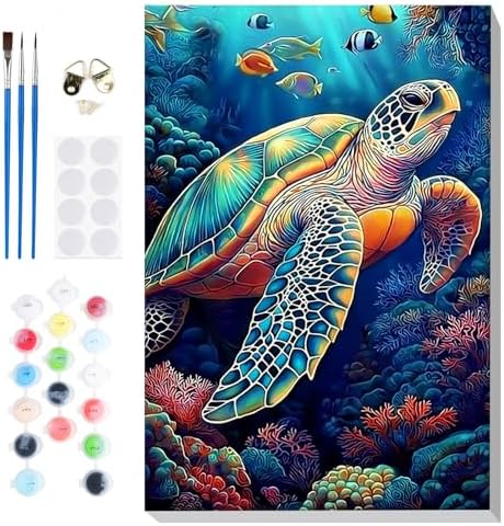 Bowetile Framed Paint by Numbers Sea Turtle for Adults Beginners, Adults' Paint-by-Number Kits, Easy Adult Paint by Number Kits on Canvas, Acrylic Animals Number Painting for Home Decor, 8x12in