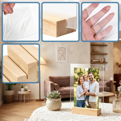 Bercoor 5 Pack 5x7 Inch Blank Clear Acrylic Sign with Wooden Stands, Rectangle Top Acrylic Sheet, DIY Acrylic Rectangle Table Numbers for DIY Name Card Gifts Event Party Sign Decoration
