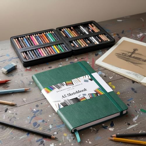BROWNSTONE JOURNALS A5 Sketch Book Hardcover - 80 Sheets 100 GSM Paper | 5" x 8", Lay Flat, Vegan Leather Cover, Elastic Band, Back Pocket, Compact Art Drawing Book for Adults & Students