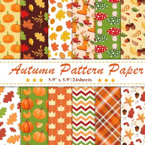 Konsait 24 Sheets Double Sided Autumn Pattern Paper, 5.9 x 5.9 Inch Different Designs Cozy Fall Harvest Geometric Decorative Paper for Junk Journal Scrapbook Thanksgiving DIY Crafts