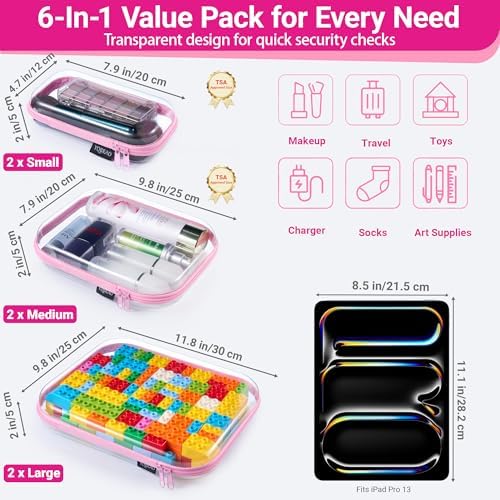 YQBRAO Clear Hard Shell Zipper Cases, 6 Multi-Size Organizers, Pink