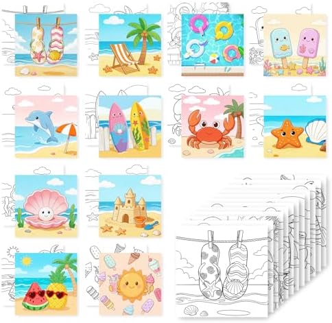 12 Packs Summer Pre Drawn Canvas to Paint, Ocean Pre Printed Canvas for Painting, Pre Stretched Canvas Outline Painting Boards for Beginners, Students, Party Favors 4 * 4inch