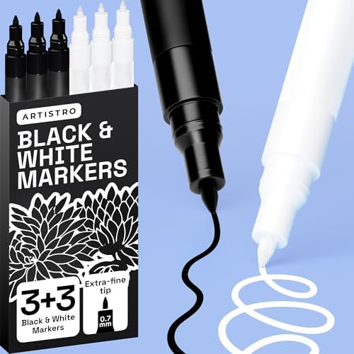 ARTISTRO 6 Black & White Acrylic Paint Pens – 0.7mm Extra-Fine Tip Markers – Paint Pens for Crafts, Rock Painting, Glass, Wood, Canvas, DIY Art