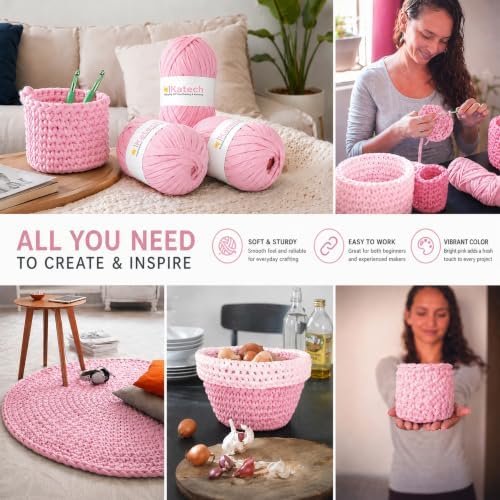 Katech 400g T Shirt Yarn for Crocheting, Elastic Fabric Yarn for Bag-Pink
