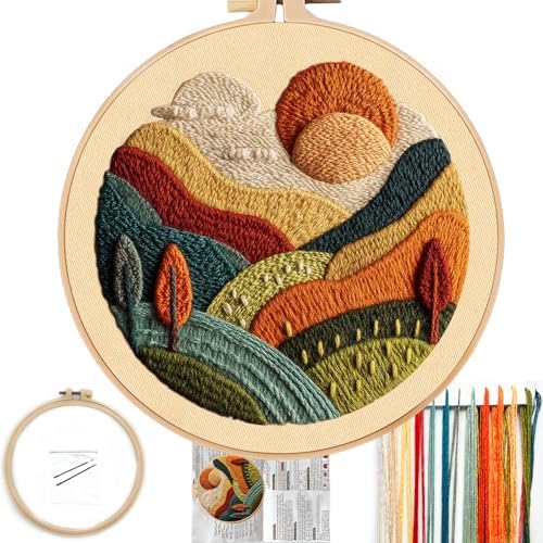 FONNUY Embroidery Kit for Beginners, Textured Vibrant Nature Landscape Pre-Stamped Pattern Kits for Adults with Hoop, Easy to Follow Color Thread Needlework, 8'' Hoop (Green 2)