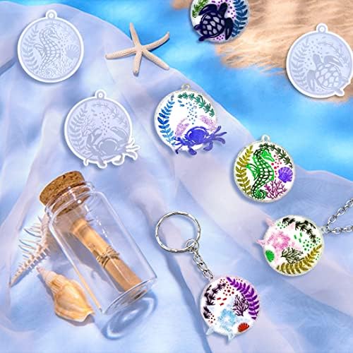 7 Pcs Keychain Resin Mold Sea Animals Silicone Molds Round Epoxy Resin Casting Mold Circle Keychain Pendant Mould with Holes for DIY Crafts Jewelry Earrings Making