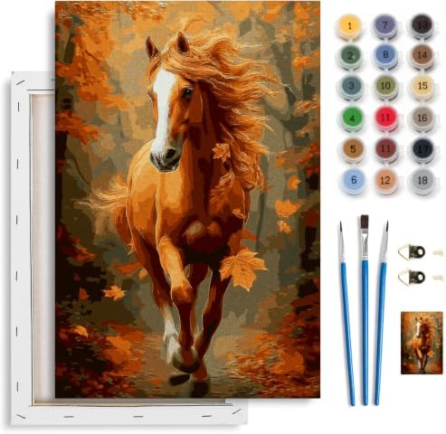 Spandrel Framed Paint by Numbers Horse Kit for Adult, Autumn Adult Paint by Number Kits on Canvas, DIY Acrylic Oil Easy Fall Painting by Numbers Thanksgiving for Home Wall Decor, 8x12in