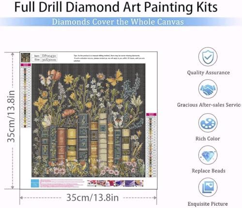 RYMILIE Diamond Art Kits for Adults Vintage Flowers and Books 14x14inch | 5D Stress Relief Diamond Painting Kit for Beginners, DIY Full Round Drill Gem Art Crafts for Home Wall Decor Gift