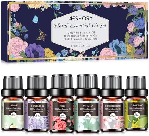 Floral Essential Oils Set - 6x10ML Fragrance Oil for Diffusers, Massage, Aromatherapy, Candle Making - Lavender, Rose, White Tea, Jasmine, Ylang-Ylang, Cherry Blossom Scented Oil