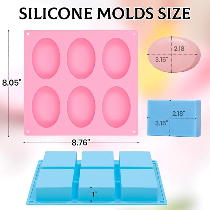 SJ Rectangle & Oval Soap Mold Set, 2-Pack 6-Cavity Silicone Soap Molds | For Soap Making, Wax Melts, Chocolate & Desserts, Food Grade Silicone, Easy Release, Reusable